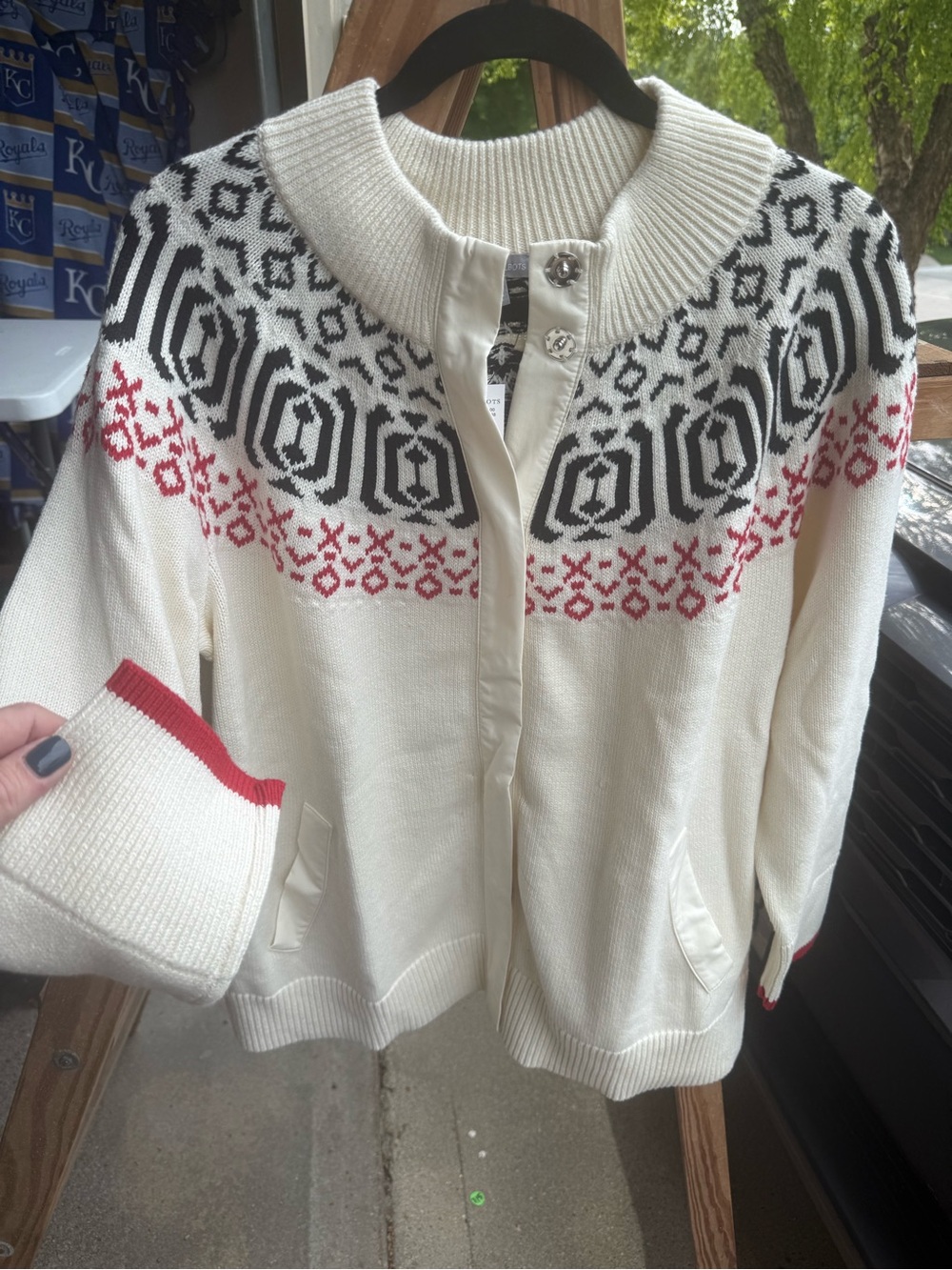 Talbots Cream Fair Isle Cardigan with Black & Red Accents